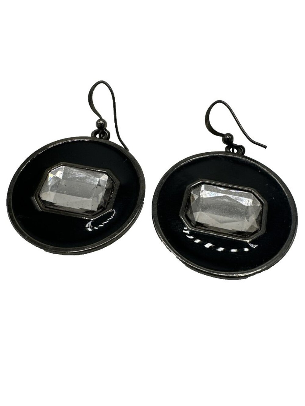 Medallion Earrings Dangle Drop Enamel Rhinestone Black Costume Jewelry Chunky